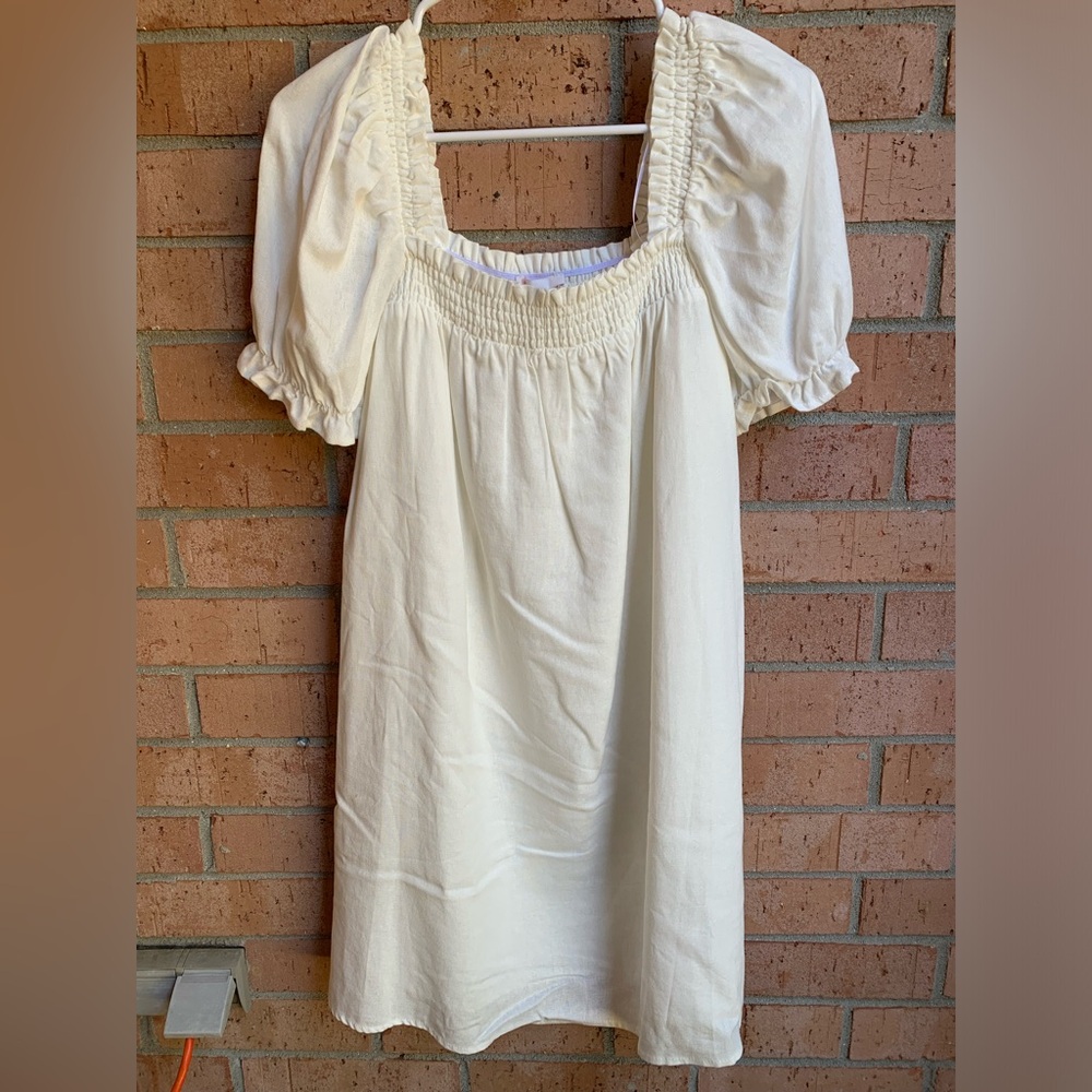 GB Gianni Bini White Ivory Linen Smocked-Top Puff-Sleeve Mini Dress Size Small S